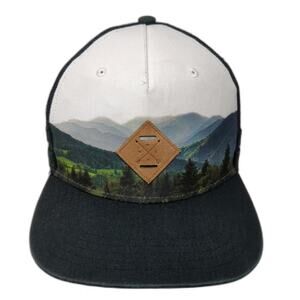 First Class Black White Trucker Hat One Size Mountain Graphic Snapback Mesh Back